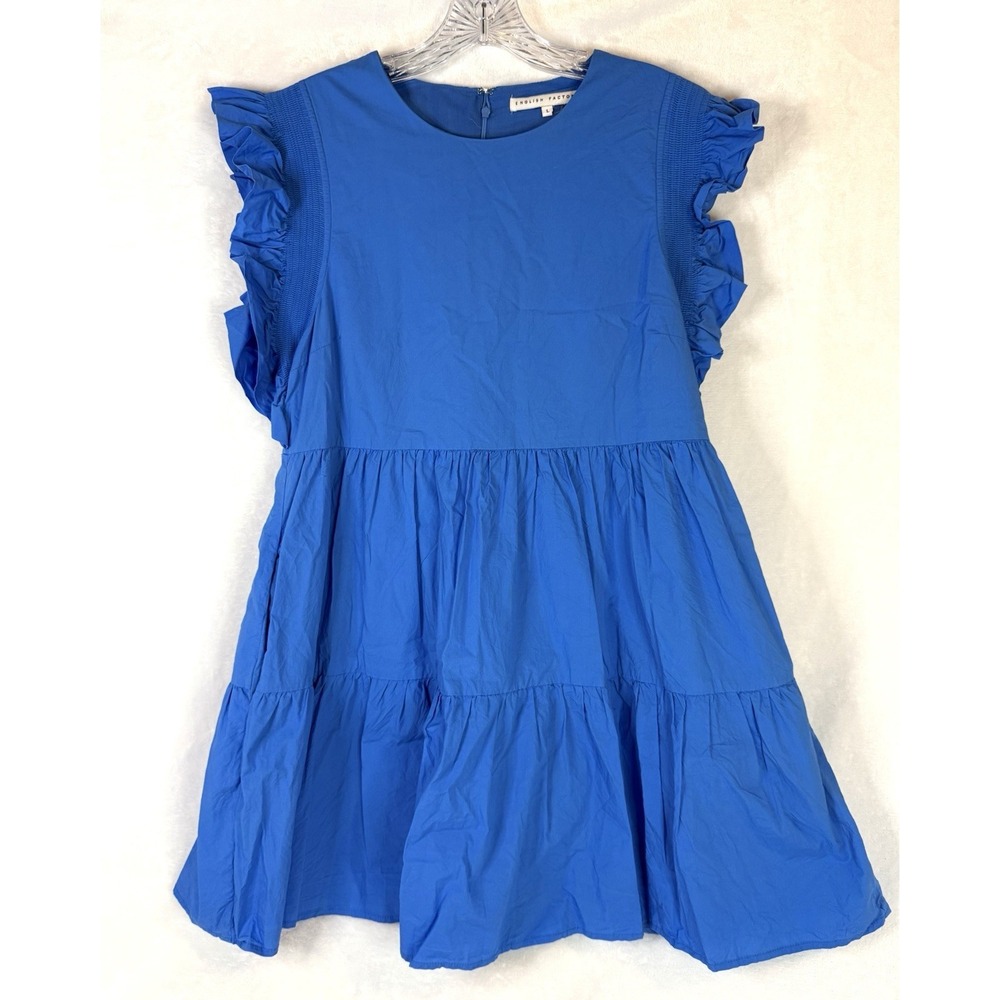 English Factory Blue Tiered Ruffle Sleeve Dress Small Babydoll Mini Poplin